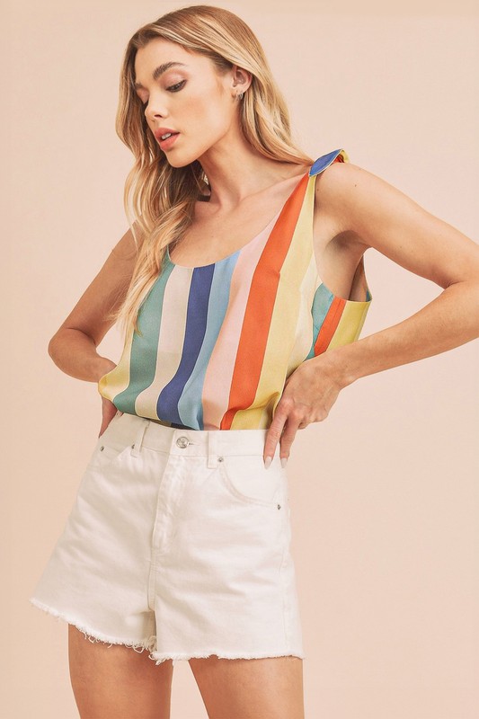 Vivid Stripes Tie-Shoulder Tank