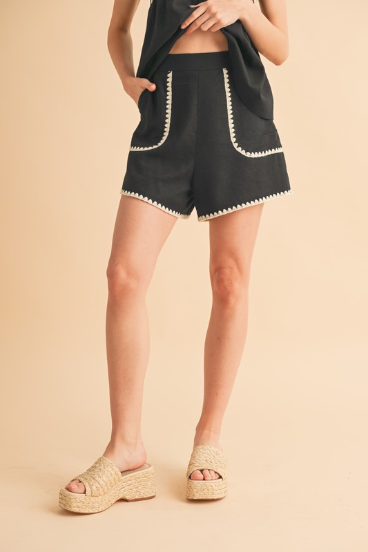 Beige Rickrack Trim High-Waisted Shorts