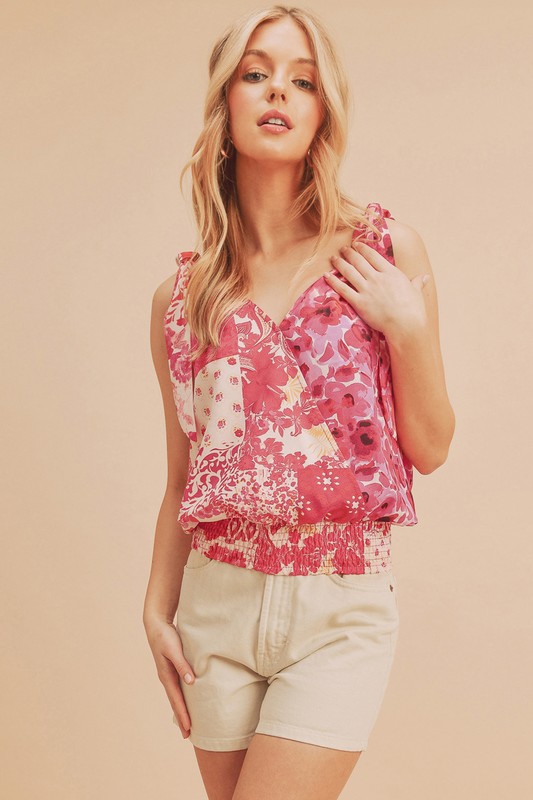 Smocked Hem Printed Surplice Tank