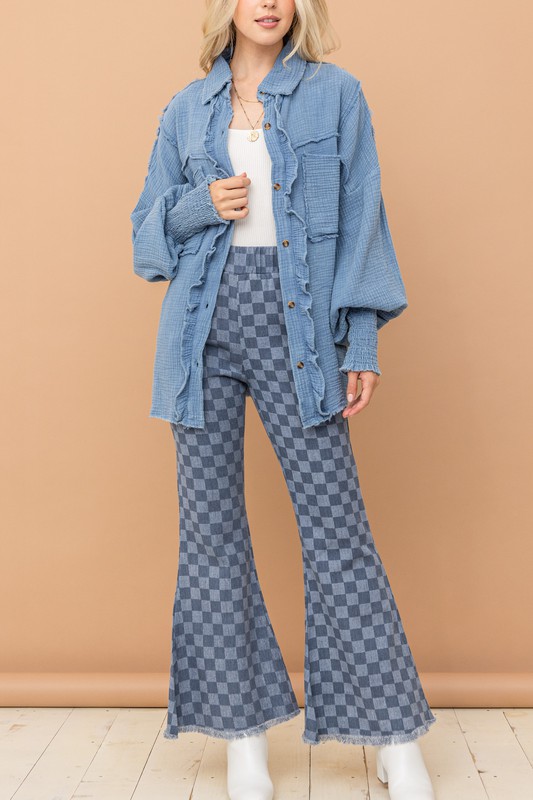 Checkerboard Denim Bell-Bottom Pants