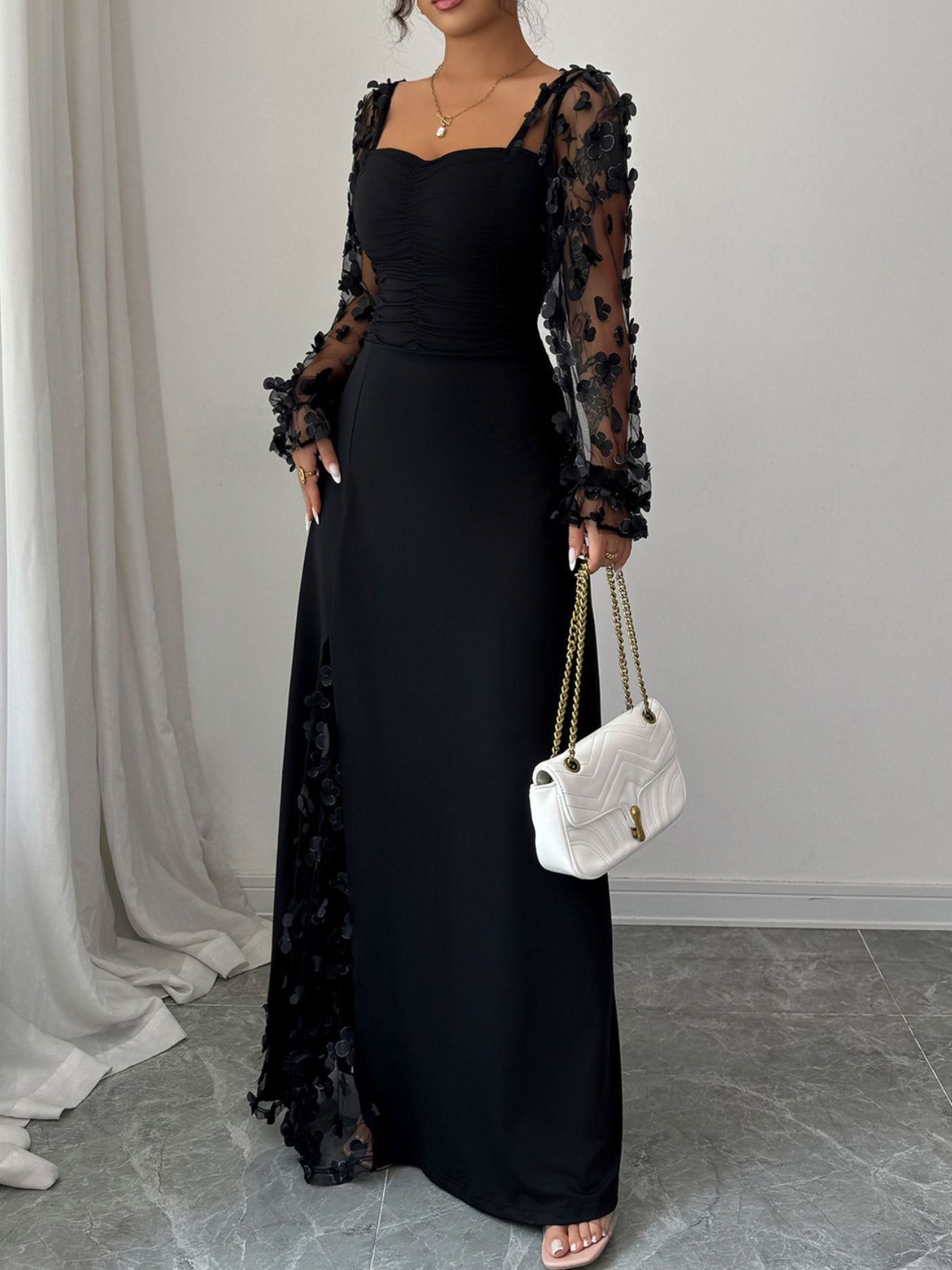 Devine Sweetheart Sheer-Sleeve Maxi Dress