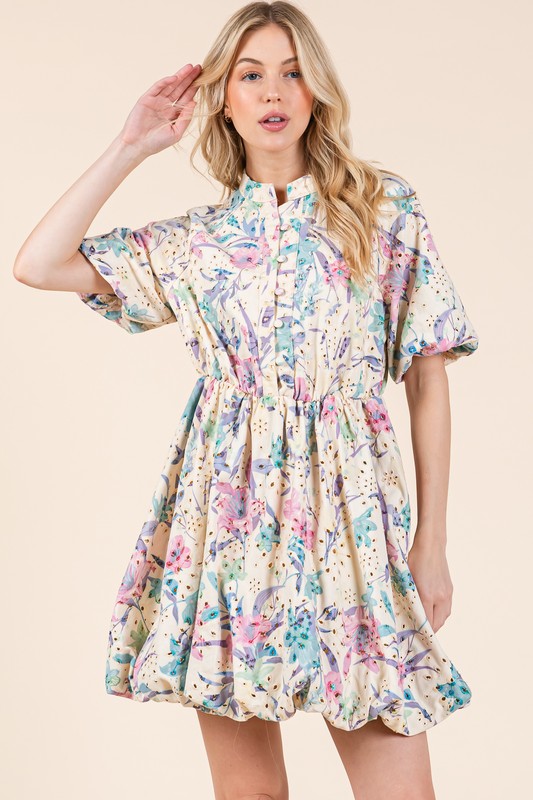 Eyelet Lace Puff Sleeve Mini Dress