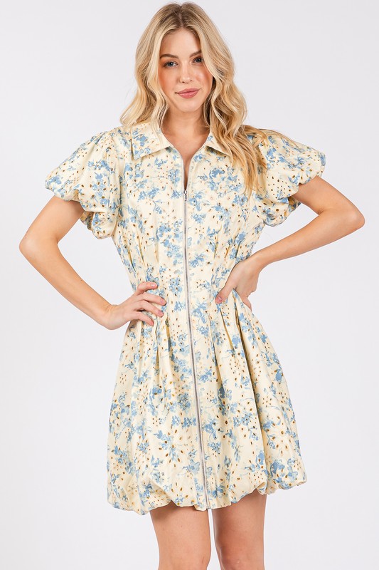 Eyelet Lace Puff Sleeve Mini Dress