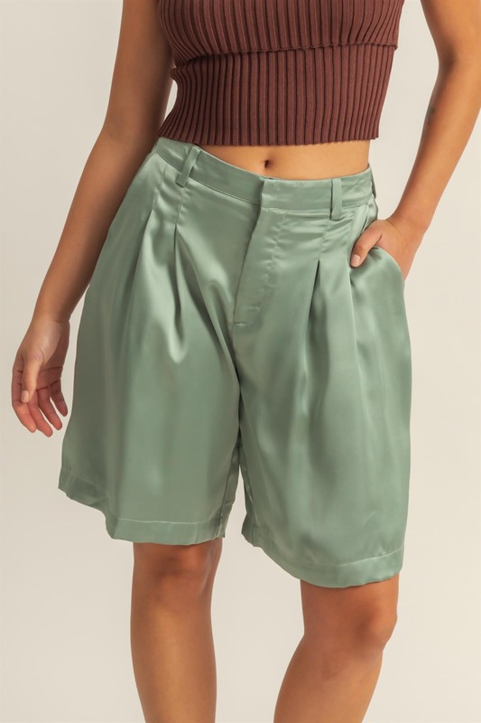 Chic High-Waist Pleated Satin Shorts