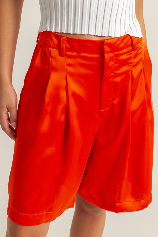 High-Waist Pleated Satin Shorts