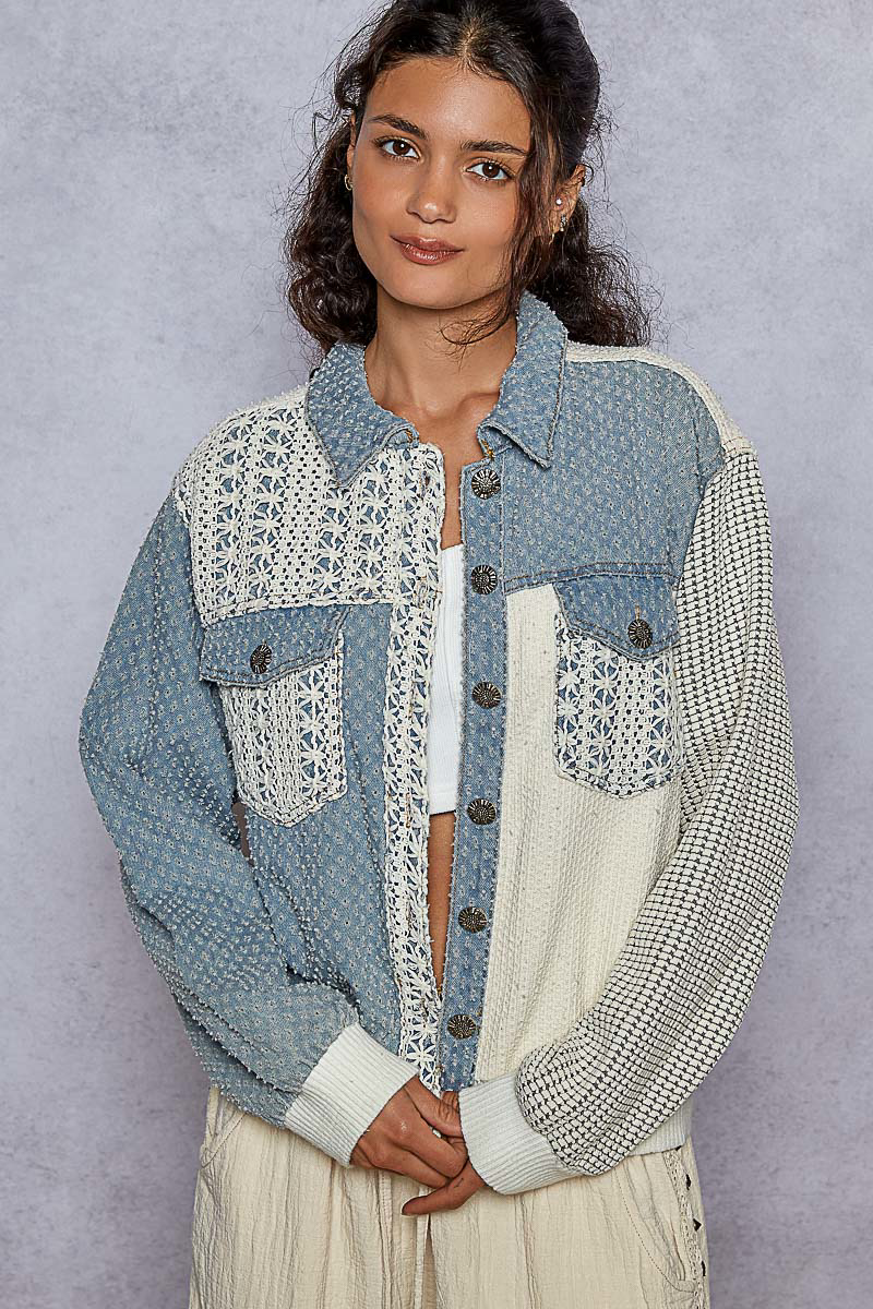 Lace Detail Button-Up Denim Jacket