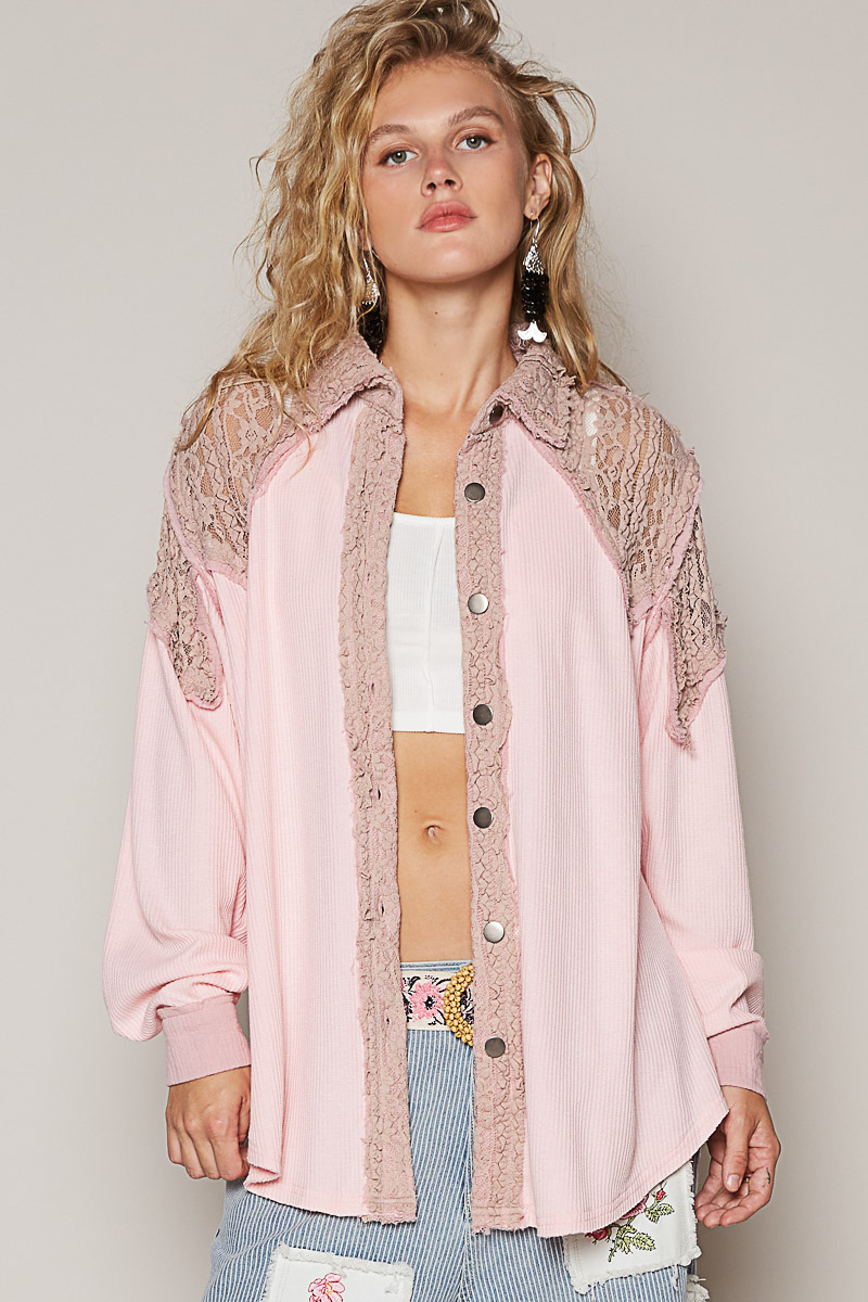 Blush Lace Patchwork Button-Up Shacket