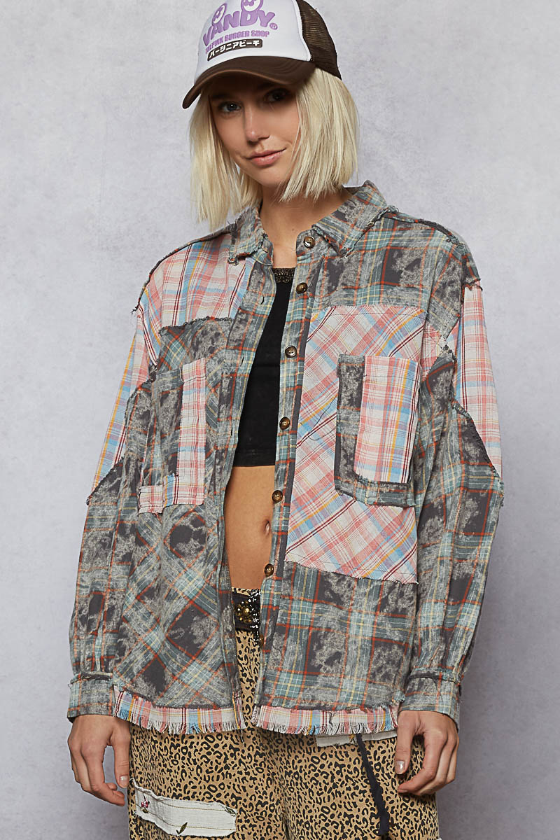Plaid Patchwork Raw-Edge Shirt