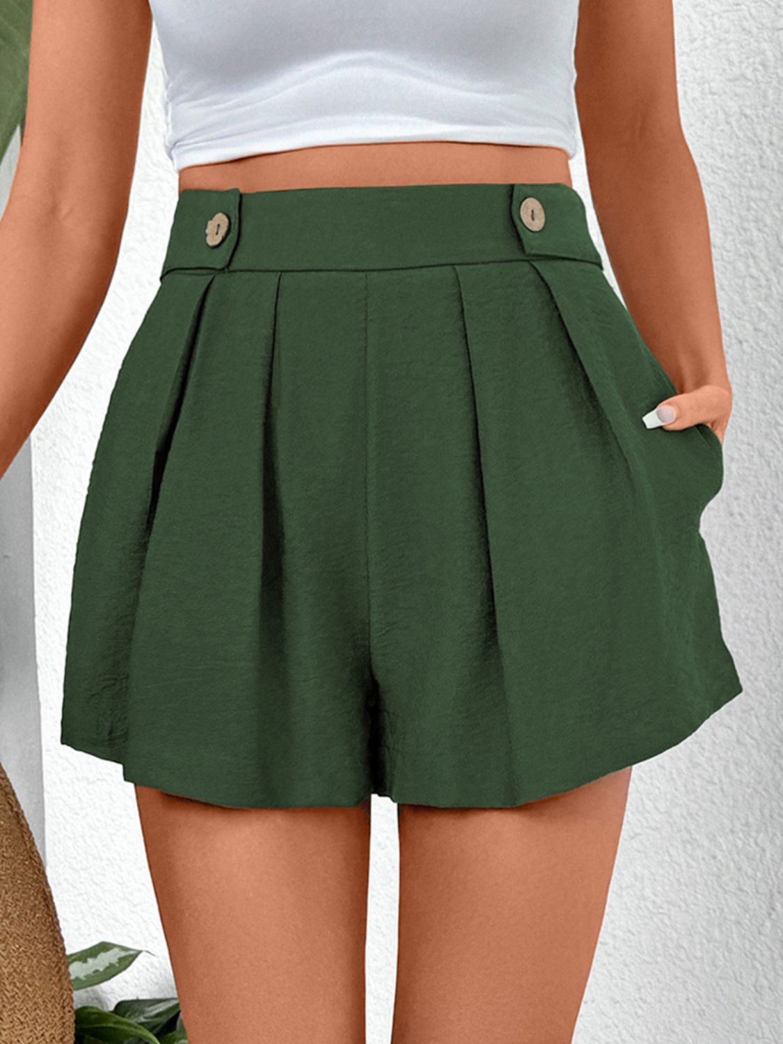 Forest Green Pleated Shorts with Pockets