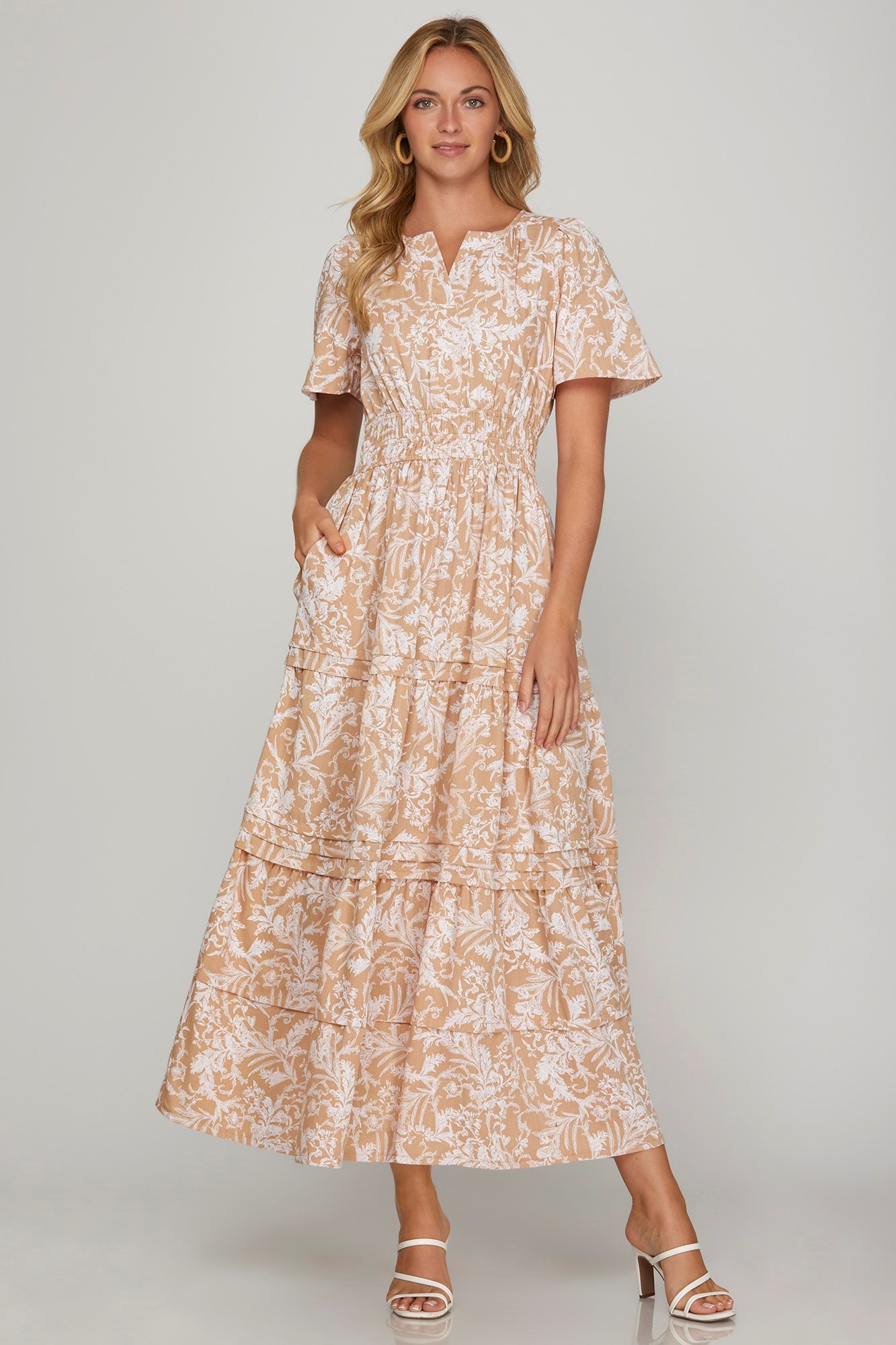 Tiered Pintuck Maxi Dress with Side Pockets