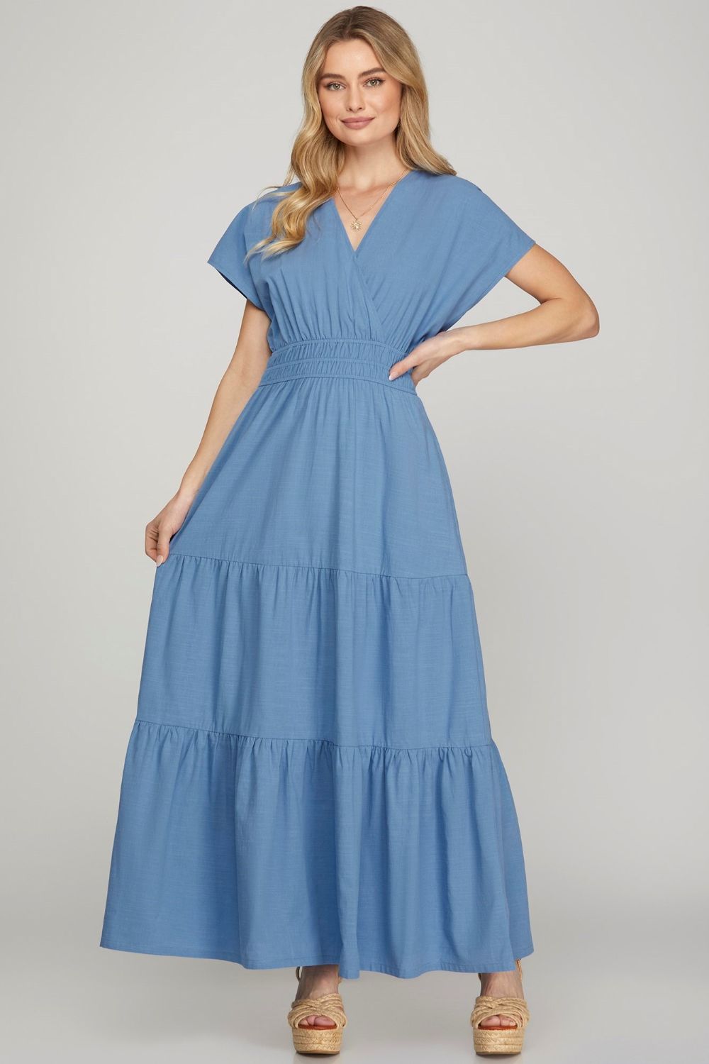 Surplice Short Sleeve Tiered Maxi Dress