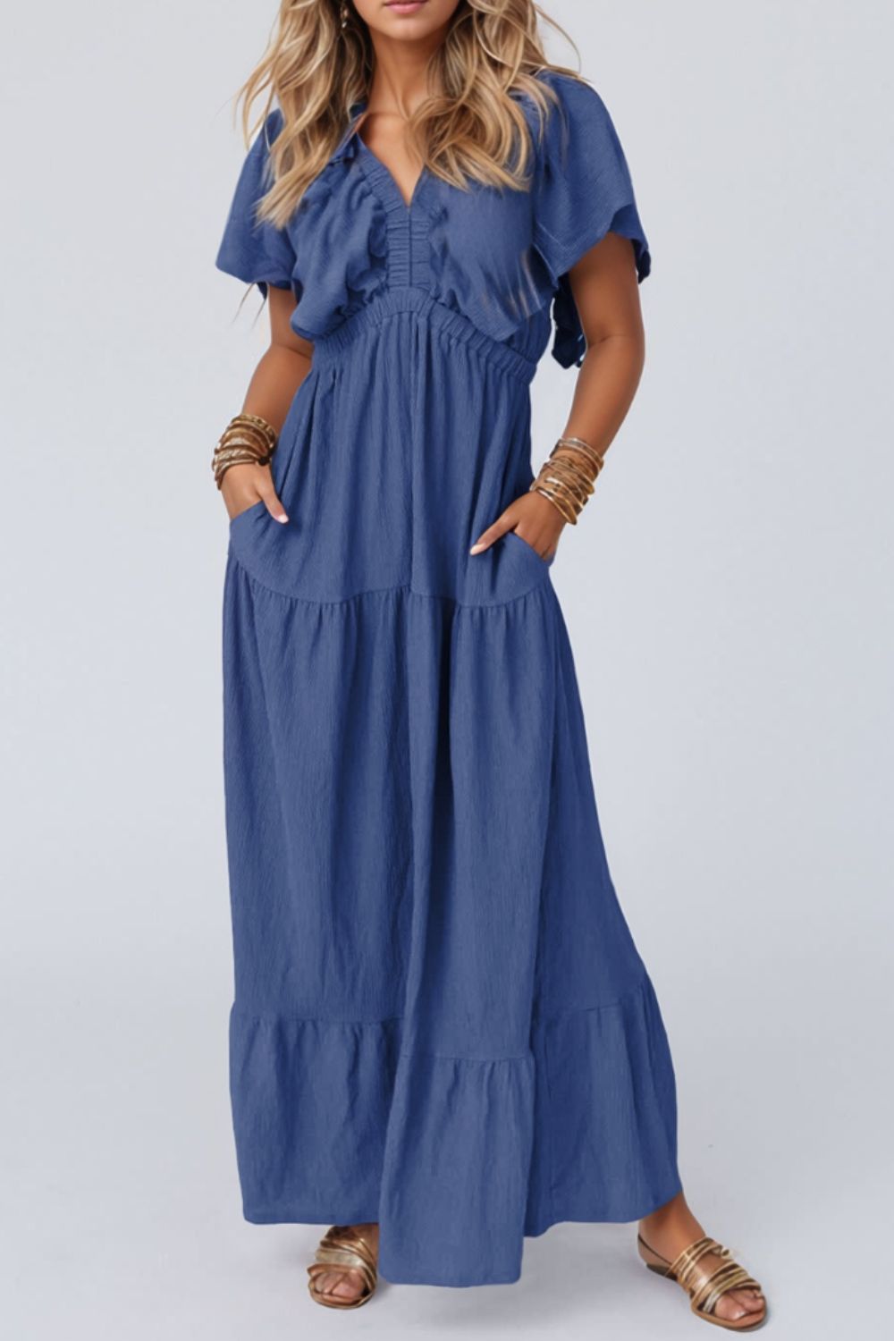 Ruffled V-Neck Short Sleeve Maxi Dress