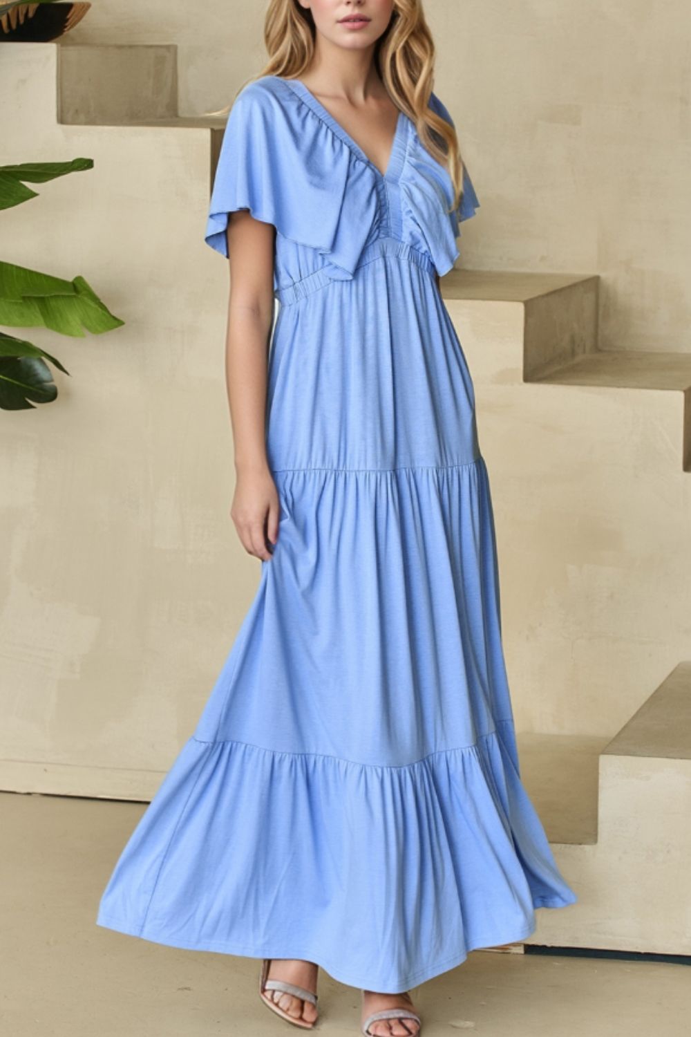 Ruffled V-Neck Flutter Sleeve Maxi Dress
