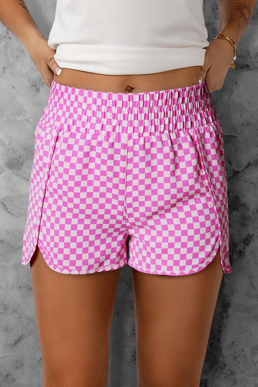 Checkered Pink Smocked Waist Shorts