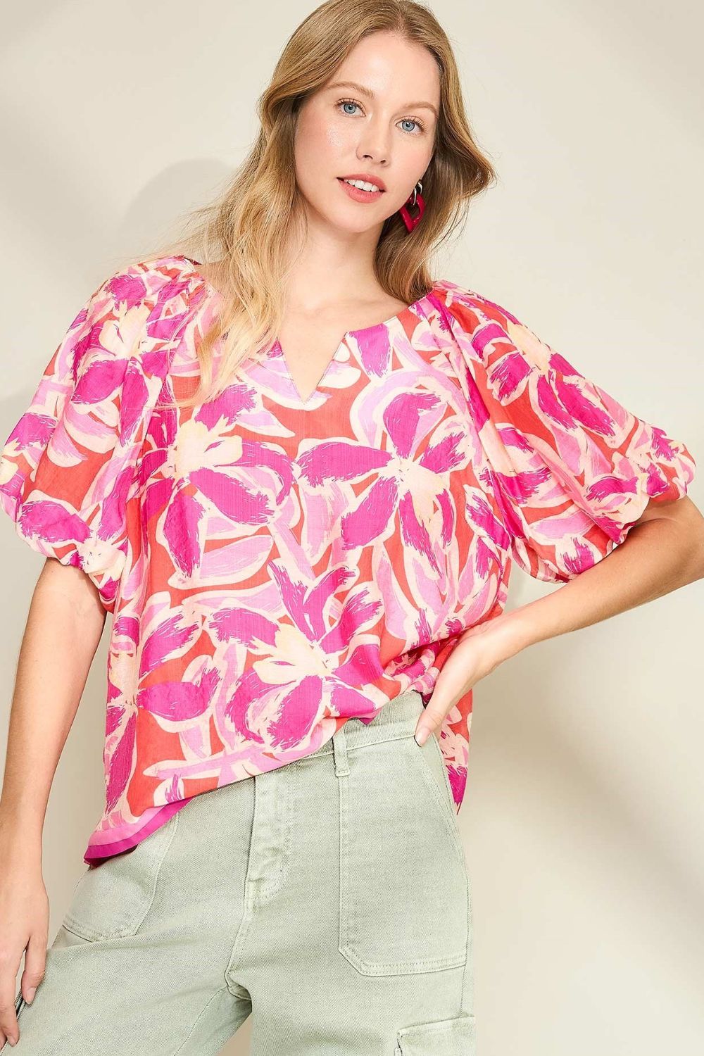 Floral Notched Puff Sleeve Blouse