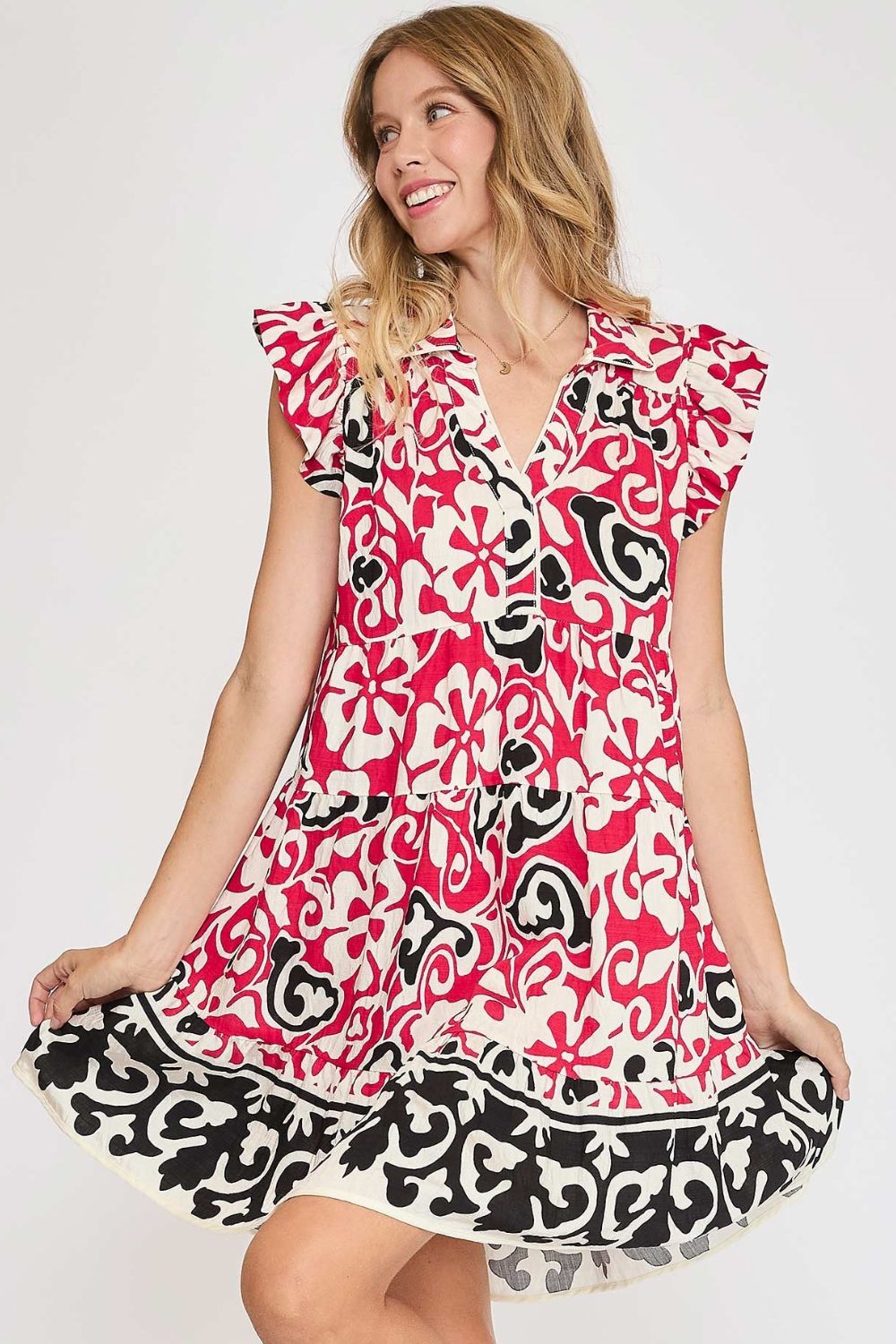  Floral Ruffled Cap Sleeve Tiered Dress