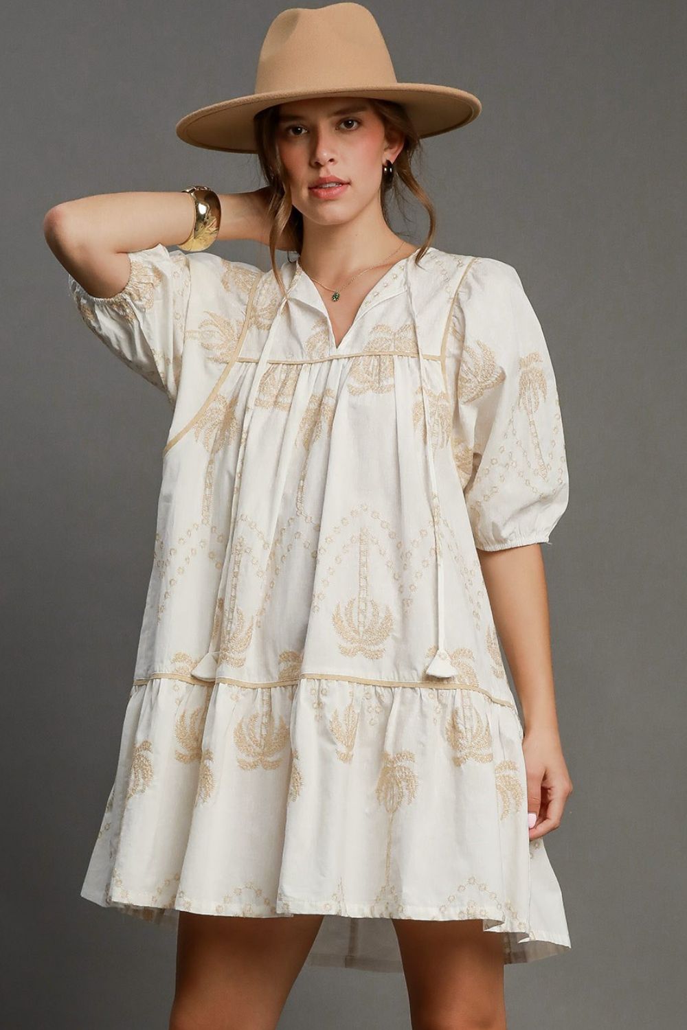 Embroidered Puff Sleeve Babydoll Dress