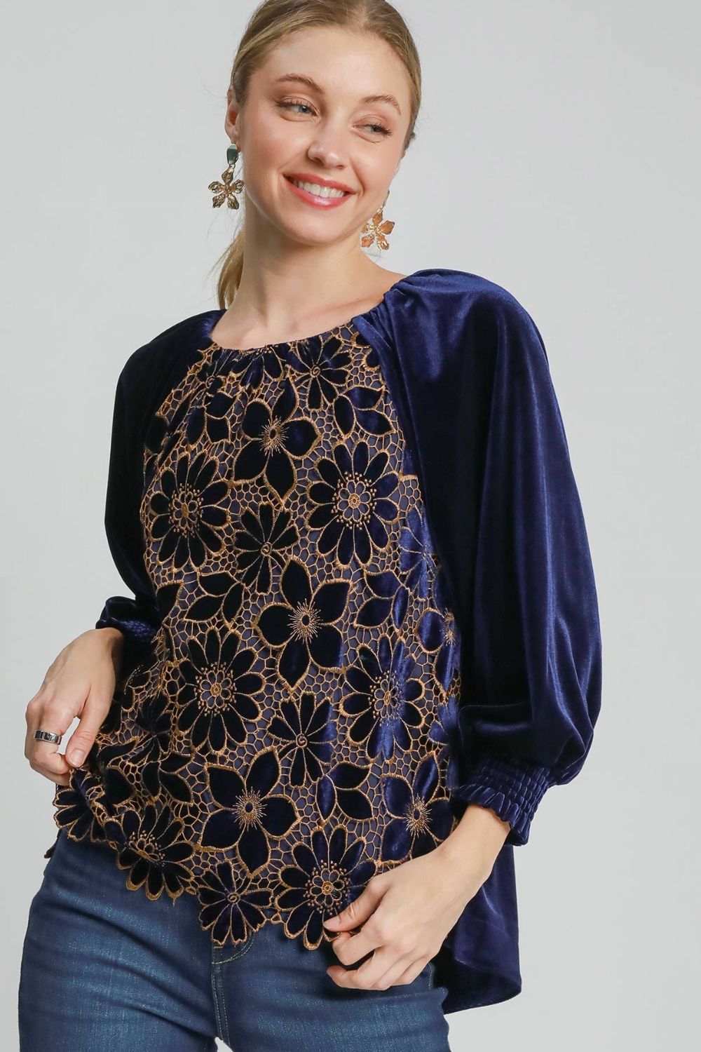 Velvet Floral Lace Raglan Sleeve Top