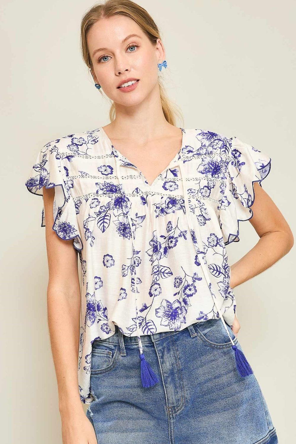 Boho Floral Tassel Tie Blouse