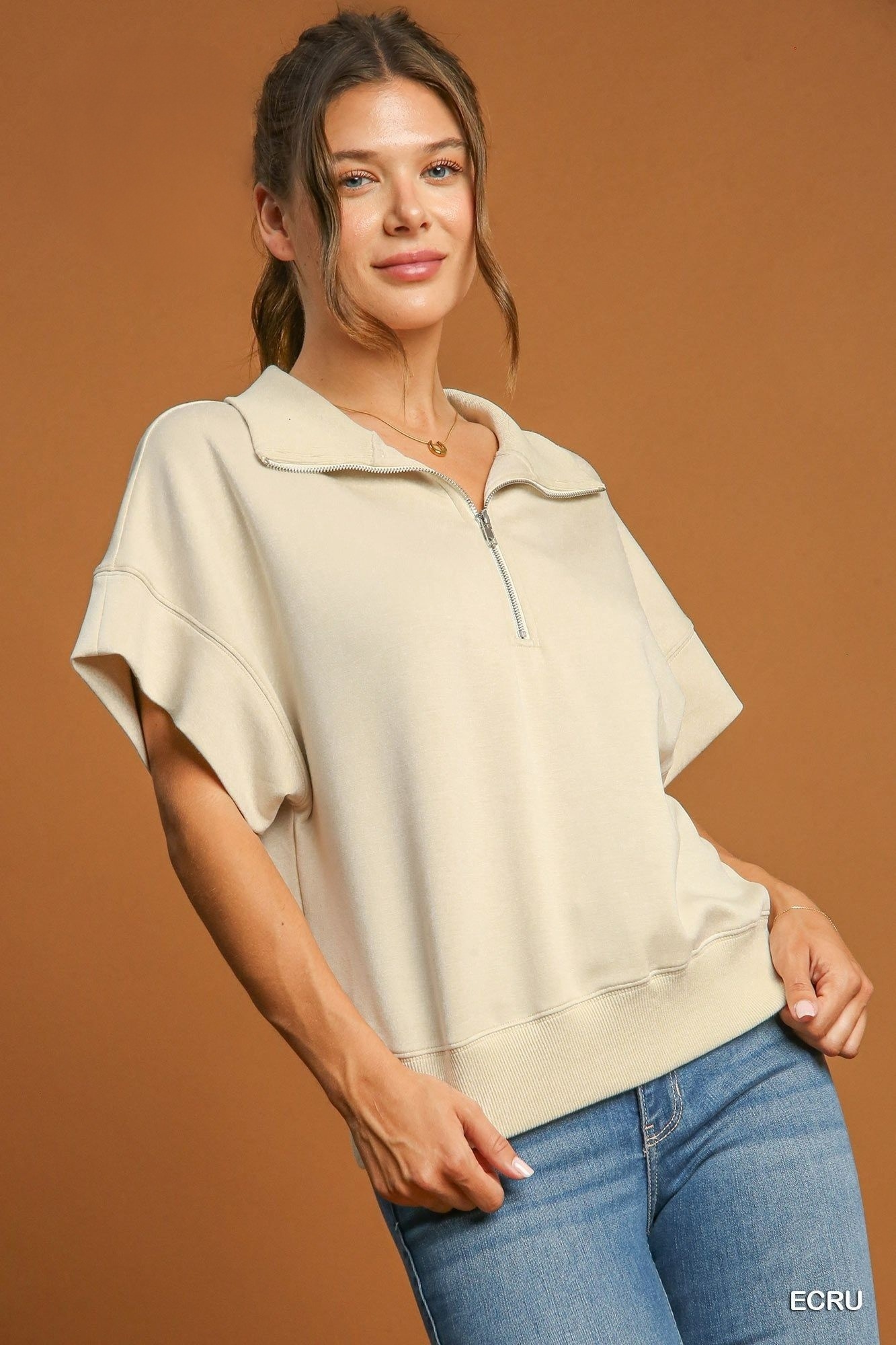 Minimalist Half-Zip Cotton Blend Top