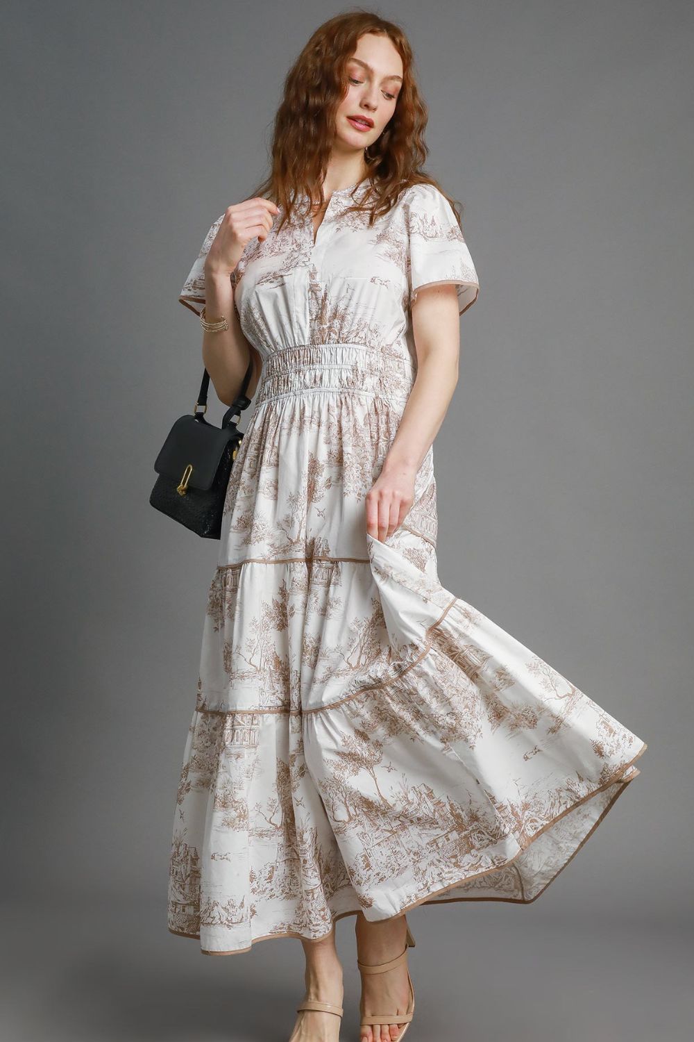 Elegant Landscape Print Tiered Maxi Dress