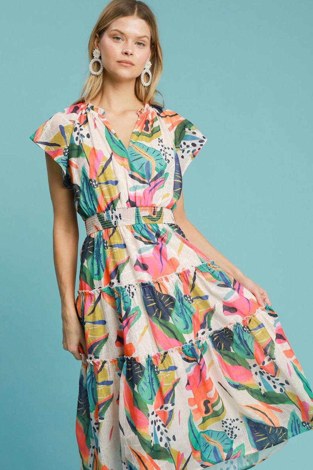 Leaf Print Tiered Midi Dress - Plus Size