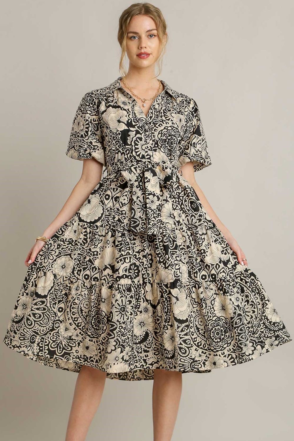  Mixed Print Tiered Midi Dress