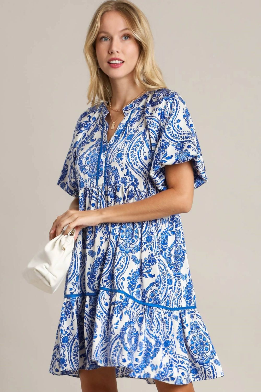 Trendy Notched Puff Sleeve Mini Dress