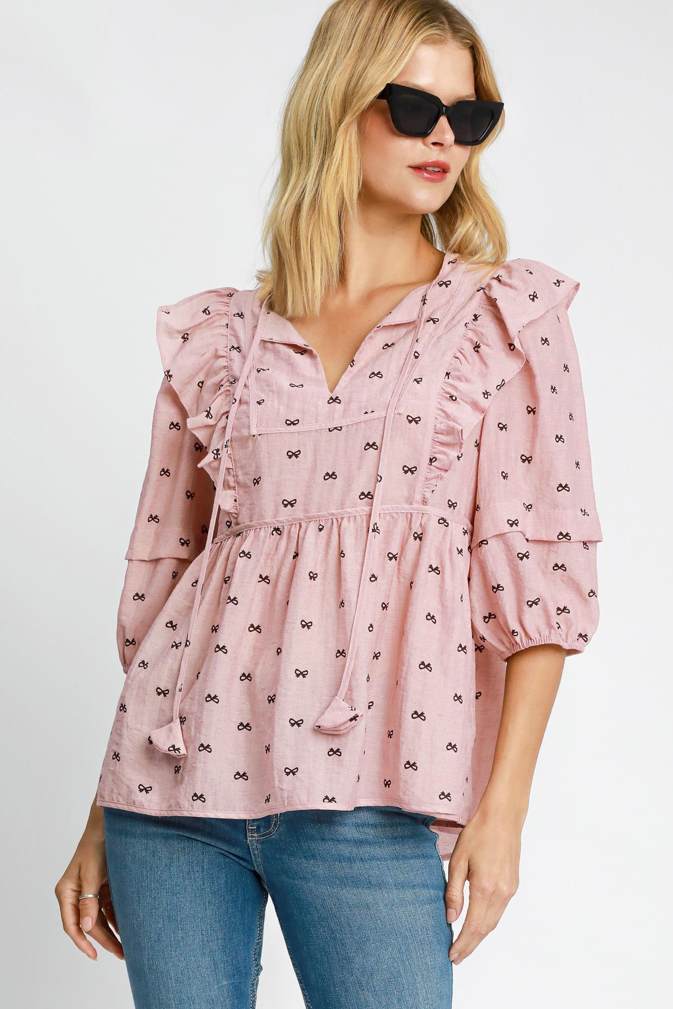 Ruffled Bow Print Tie-Neck Peplum Blouse