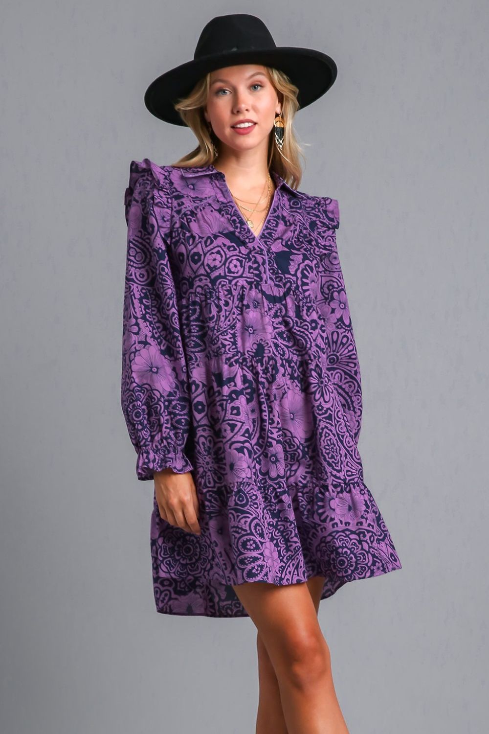 Ruffled Piping Detail Long Sleeve Dress