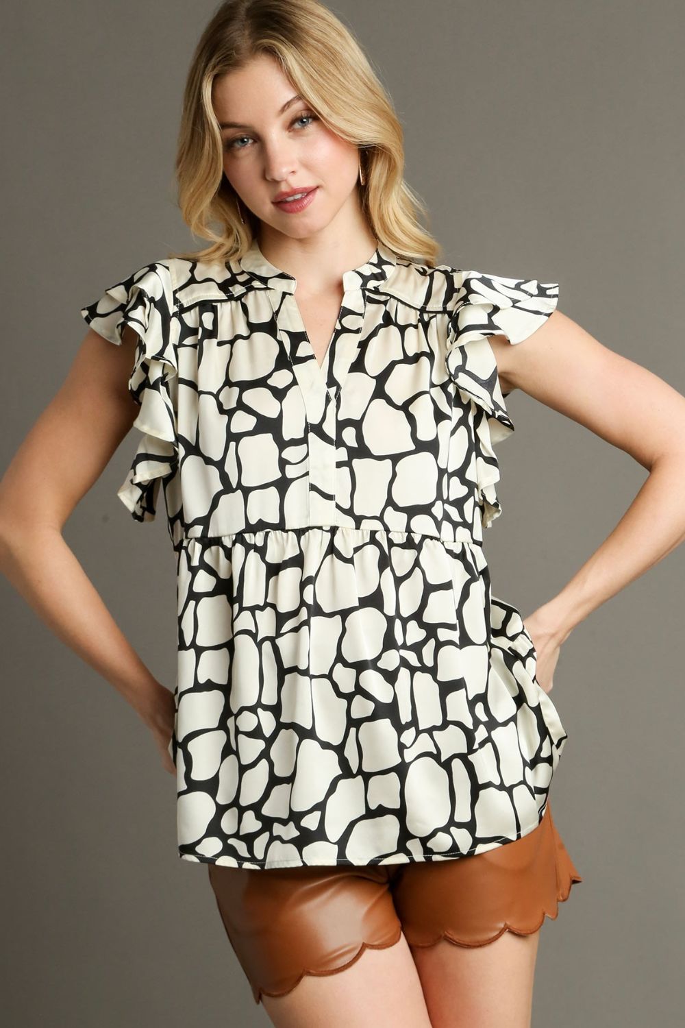Two Tone Animal Print Ruffle Sleeve Blouse