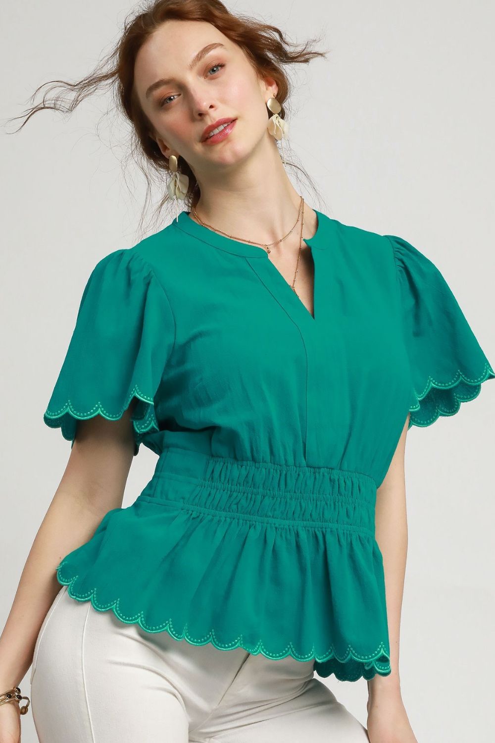 Scalloped Flutter Sleeve Blouse