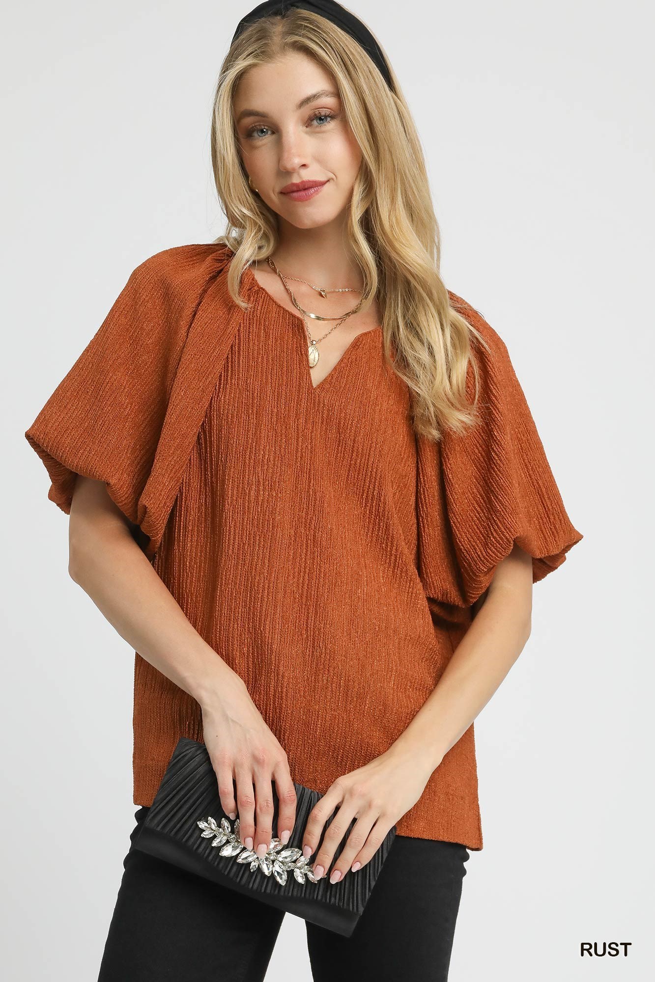 Textured Flutter Sleeve Notch Neck Blouse
