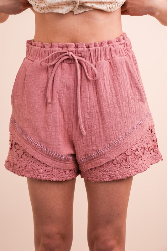 Dusty Rose Lace Trim Woven Shorts